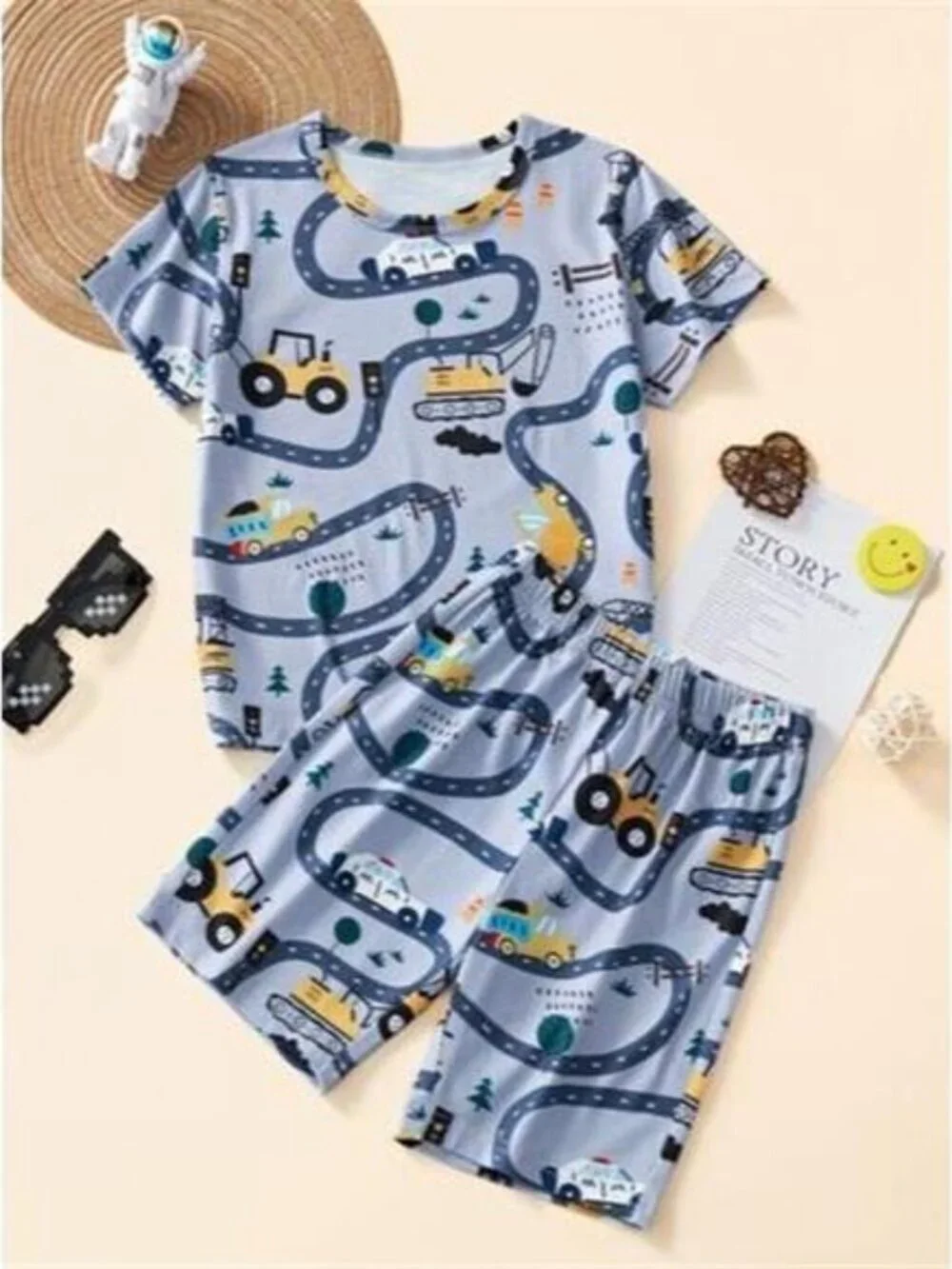 Children's Construction Vehicle Print Top and Shorts Set